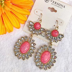 Boho Earrings Coral Bead Goldtone Bling Dangles